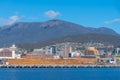 HOBART, AUSTRALIA, FEBRUARY 22, 2020: Mount Wellington above industrial port of Hobart in Australia Royalty Free Stock Photo