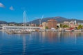 HOBART, AUSTRALIA, FEBRUARY 22, 2020: Mount Wellington above port of Hobart in Australia Royalty Free Stock Photo