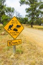 Road side warning sign for Tasmanian kangaroo, tasmanian devil and echidna wildlife