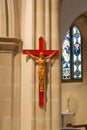 Interior view of small statuette of Madonna and child in front ofstained glass window in St Mary`s Cathedral