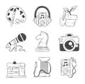 hobbies icons set, paint music photo dessert sketch style