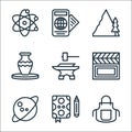 Hobbies line icons. linear set. quality vector line set such as apron, writing, astronomy, film, blacksmith, pottery, hiking,