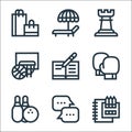 Hobbies line icons. linear set. quality vector line set such as draw, chat box, bowling, sport, write, basketball, chess, sun bath