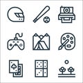 Hobbies line icons. linear set. quality vector line set such as harvest, domino, poker cards, painting, camping tent, gamepad,