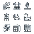 hobbies line icons. linear set. quality vector line set such as reading, mp player, knitting, juicer, camping, painting,