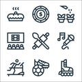 hobbies line icons. linear set. quality vector line set such as skating, football, treadmill, sing, cooking, cinema, water, casino