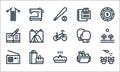 hobbies line icons. linear set. quality vector line set such as water, cake, listen, picnic basket, shopping bags, write, sport,