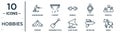 hobbies linear icon set. includes thin line wakeboarding, dumbell, pedestal, gardening tools, water gun, riding, camping icons for Royalty Free Stock Photo
