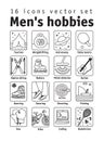 Hobbies men objects sport tourism coding black and white icons set