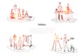 Hobbies - people taking care of plants, cooking, painting, designing clothes vector concept set