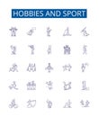 Hobbies and sport line icons signs set. Design collection of sport, hobbies, hiking, running, yoga, swimming, cycling