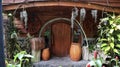 Hobbit House with round doors, barrels, treasure chest, nature plant and other decorations