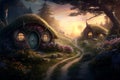 hobbit houses in a fantastic magical forest,a fairy village, a path, trees and grass with flowers, a mysterious fairy world, Royalty Free Stock Photo
