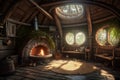 Hobbit interior house fireplace. Generate Ai Royalty Free Stock Photo