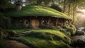 Hobbit style house near river in fantasy woods Royalty Free Stock Photo