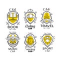 Hobby club logo design set, badges with heraldic shield, book, cooking, travel, sewing, music, sport club vector Royalty Free Stock Photo