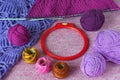 Hobby concept. Bright balls of wool, knitting needles, knitwear, tambour Royalty Free Stock Photo