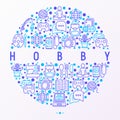Hobby concept in circle with thin line icons: reading, gaming, g Royalty Free Stock Photo