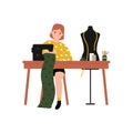 Hobby concept, girl at a sewing machine sews a dress