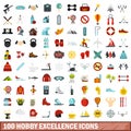 100 hobby excellence icons set, flat style