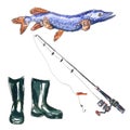 Hobby fishing set. Rubber boots, fresh caught pike fish, fishing rod. Hand drawn watercolor illustration
