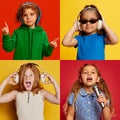 Collage. Beautiful, emotional girls, children singing, listening to music in headphones, posing over multicolored Royalty Free Stock Photo