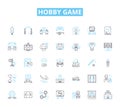 Hobby game linear icons set. Chess, Scrabble, Monopoly, Risk, Catan, Dungeons, Cards line vector and concept signs