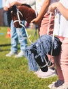 Hobby horsing competition on a green grass, hobby horse riders jumping, equestrian sport training with stick toy horses in a