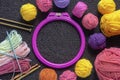 Colorful balls of wool, knitting needles and crochet hooks. Copy space Royalty Free Stock Photo