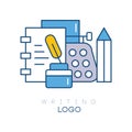 Hobby logo template with notebook, feather in inkwell, mechanical desktop typewriter and pencil. Linear emblem with