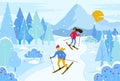 People Skiing in Resort, Winter Landscape Vector