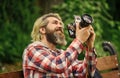 Hobby and professional occupation. Camera settings concept. Find perfect angle. Photographer use vintage camera. Bearded