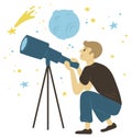 Man Looking Through Lens, Astronomy Hobby Vector