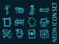 Hobby set icons. Blue glowing neon style.