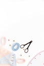 Hobby sewing with thread, scissors, fabric. Lifestyle. White background top view mock up Royalty Free Stock Photo