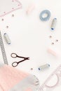 Hobby sewing with thread, scissors, fabric. Lifestyle. White background top view mock up Royalty Free Stock Photo