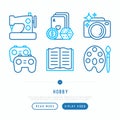 Hobby thin line icons set: reading, gambling, gaming, photograph