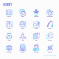 Hobby thin line icons set: reading, gaming, gardening, photography, cooking, sewing, fishing, hiking, yoga, music, travelling, bl