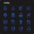Hobby thin line icons set: reading, gaming, gardening, photography, cooking, sewing, fishing, hiking, yoga, music, travelling, bl Royalty Free Stock Photo