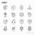 Hobby thin line icons set: reading, gaming, gardening, photography, cooking, sewing, fishing, hiking, yoga, music, travelling, Royalty Free Stock Photo