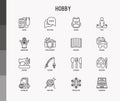 Hobby thin line icons set: reading, gaming, gardening, photography, cooking, sewing, fishing, hiking, yoga, music, travelling, Royalty Free Stock Photo