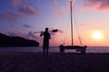 Hobie cat or catamaran on the beach at beautiful sunrise early morning Royalty Free Stock Photo