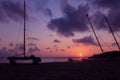 Hobie cat or catamaran on the beach at beautiful sunrise early morning Royalty Free Stock Photo