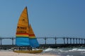 Catamaran sitting on the beach on Lake Michigan in Michigan City, Indiana