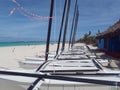 Hobie Cat sail boats line up on white sandy beach