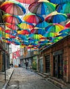 Hoca Tahsin Street at Karakoy district, Istanbul, Turkey, decorated with colorful umbrellas