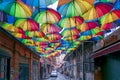 Hoca Tahsin Street at Karakoy district, Istanbul, Turkey, decorated with colorful umbrellas