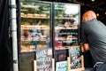 Hockenheim, Germany - May 28, 2022: Street food festival, shop window with cakes and brownies, ordering dessert at food truck