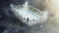 Hockey arena. Open hockey stadium in winter. Snowfall in the evening. Full spectator stadium. Hockey fans.Stadium top