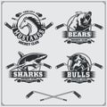 Hockey badges, labels and design elements. Sport club emblems with bear, shark, bull and horse.